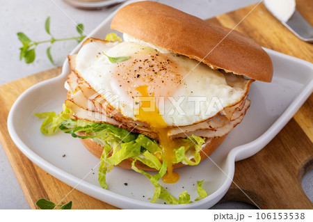 Bagel with cream cheese, lettuce, turkey and fried egg Bagel with cream cheese, lettuce, turkey and fried egg 106153538