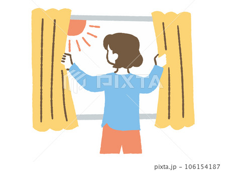 カーテンを開けて太陽を浴びる女性_色 カーテンを開けて太陽を浴びる女性_色 106154187