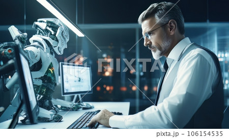 Young adult man works with future technologies. High tech science and engineering concept. AI Young adult man works with future technologies. High tech science and engineering concept. AI 106154535