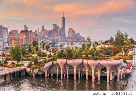 Cityscape of downtown Manhattan skyline with the Little Island Public Park in New York City at sunrise Cityscape of downtown Manhattan skyline with the Little Island Public Park in New York City at sunrise 106155119