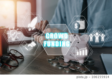 Crowdfunding concept, Business person working on calculator with crowdfunding icon on virtual screen, Collaborative, Growth and return. 106155914