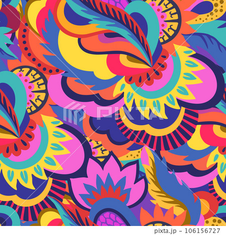 Bright colorful ornamental pattern with psychedelic abstract plant elements. Multicolored vivid texture for design. 106156727