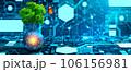 Tree growing on Circuit digital ball. Digital and Technology Convergence. Blue light and Wireframe network background. Green Computing, Green Technology, Green IT, csr, and IT ethics Concept. 106156981