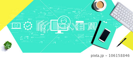 Document management system concept with computer keyboard and office items 106158846