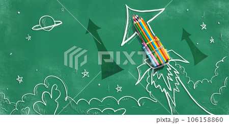 Back to school theme with hand drawn rocket and pencils Back to school theme with hand drawn rocket and pencils 106158860