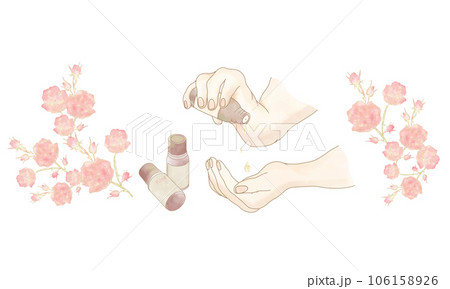 バラのオイルを垂らす手・ローズのイラスト・精油＆アロマ 106158926
