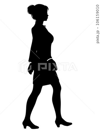 歩いている女性の横向き全身のシルエットのイラスト素材 [106159010