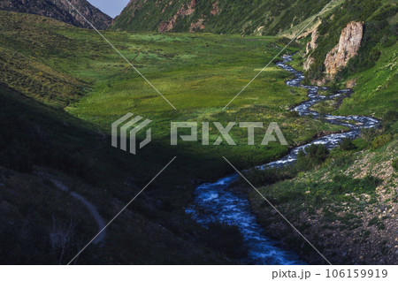 Mountain river in field in valley in Koksai gorge in the Aksu-Zhabagly Nature Reserve in Kazakhstan in summer 106159919