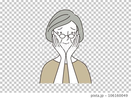 Senior woman, glasses, 60s, 70s, hands on cheeks, worries Senior woman, glasses, 60s, 70s, hands on cheeks, worries 106160049