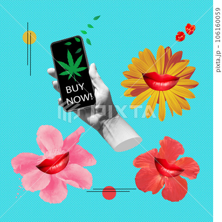 Design or art collage with mobile phone and medical marijuana or cannabis leaf icon. Online buying symbol. Artwork with abstract flowers. Design or art collage with mobile phone and medical marijuana or cannabis leaf icon. Online buying symbol. Artwork with abstract flowers. 106160059