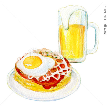 水彩イラスト　生ビールとお好み焼きのセット 106160326