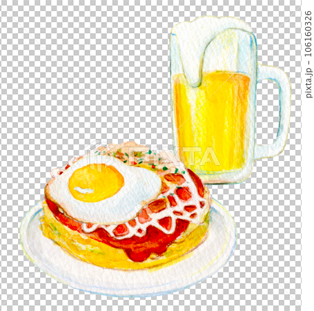 水彩イラスト　生ビールとお好み焼きのセット 106160326
