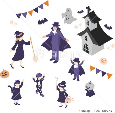 アイソメトリック　人物　家族　ハロウィン　イベント　仮装　かわいい　シンプル　イラスト素材セット 106160573