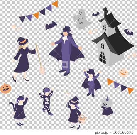 アイソメトリック　人物　家族　ハロウィン　イベント　仮装　かわいい　シンプル　イラスト素材セット 106160573