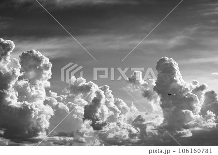 夏空に湧き立つ積乱雲と周囲を飛ぶ飛行機 c-6 硬調モノクロ 夏空に湧き立つ積乱雲と周囲を飛ぶ飛行機 c-6 硬調モノクロ 106160781