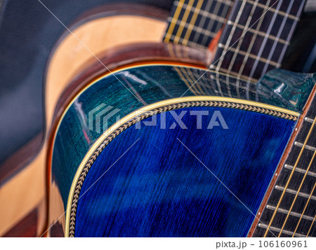 Close Up of Spruce Guitar Top and Binding or Purfling , Blue color on toip and green color back side 106160961