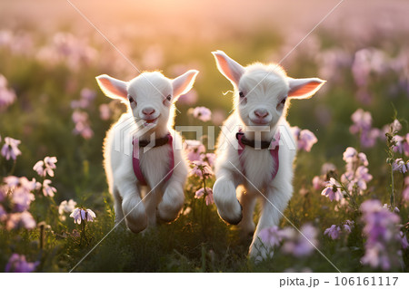 Two little funny goat baby running in summer.Farm animals.GenerativeAI. 106161117