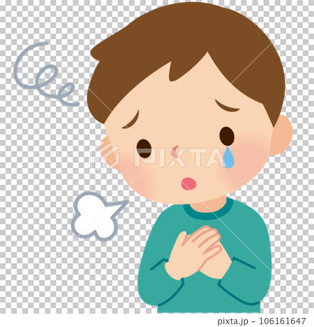 男孩嘆著氣，表情不安，流著淚 106161647