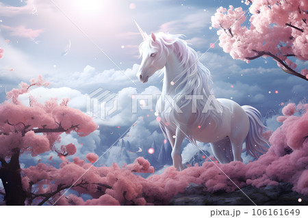 Unicorn in fantasy landscape.3D render.Fantasy background.GenerativeAI. Unicorn in fantasy landscape.3D render.Fantasy background.GenerativeAI. 106161649