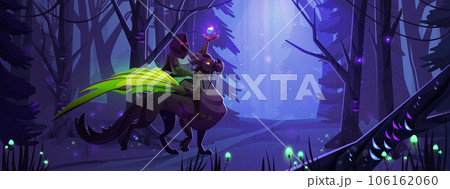 Mysterious knight riding griffin in night forest Mysterious knight riding griffin in night forest 106162060
