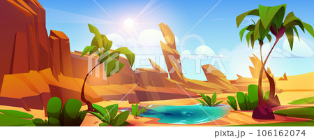 Desert oasis and palm tree landscape background 106162074