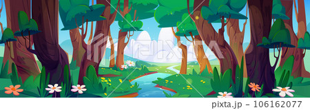Forest river and meadow cartoon landscape. Forest river and meadow cartoon landscape. 106162077