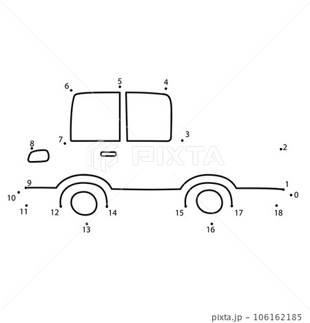 Connect the dots game. Car printable worksheet for kids. Can be used as children coloring book. Stock vector illustration isolated on white in black outline style. Connect the dots game. Car printable worksheet for kids. Can be used as children coloring book. Stock vector illustration isolated on white in black outline style. 106162185