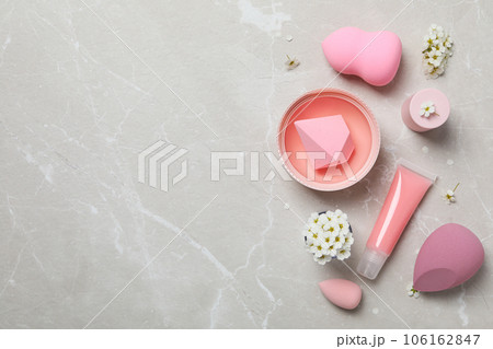 Decorative cosmetics on light background, space for text Decorative cosmetics on light background, space for text 106162847