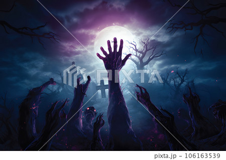 Halloween background with zombie hands and spooky forest.Vector illustration.GenerativeAI. Halloween background with zombie hands and spooky forest.Vector illustration.GenerativeAI. 106163539