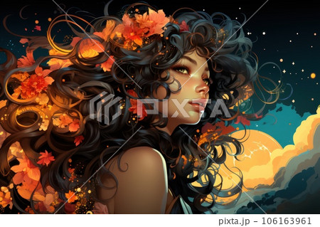 Beautiful curly hair woman with floral decoration background. Beautiful curly hair woman with floral decoration background. 106163961