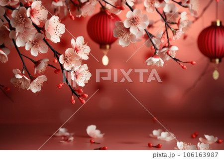 Chinese new year concept paper art style background. Dragon and cherry blossom red background. 106163987