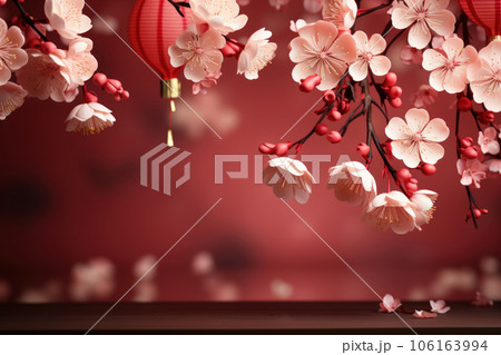 Chinese new year concept paper art style background. Dragon and cherry blossom red background. 106163994