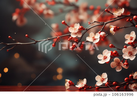 Chinese new year concept paper art style background. Dragon and cherry blossom red background. 106163996