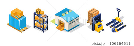 Warehouse Objects with House and Cardboard Box Isometric Vector Set 106164611