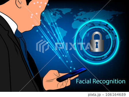 Businessmen holding a mobile phone with a face recognition concept, vector illustration 106164689