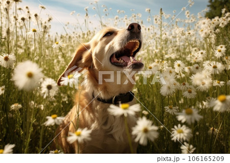 a dog sneezing in a field of daisies, pollen visible in the air 106165209