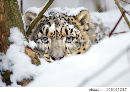 snow leopard camouflaged in white snow, ready to pounce 106165257