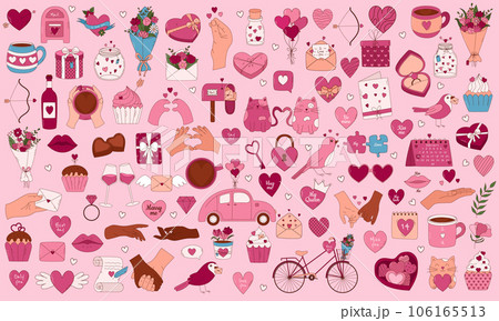Valentine's Day Hand drawn elements for posters, greeting cards, banners and invitations. Big set of heart, sweets, coffee, cupcake, key, candy, letter, diamond, flower, gift, balloon, kiss, and 106165513