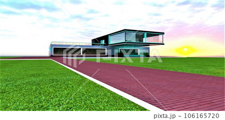 A breathtaking sunrise behind a stylish modern mansion with panoramic views. A pedestrian pathway paved with red bricks. 3D rendering. 106165720
