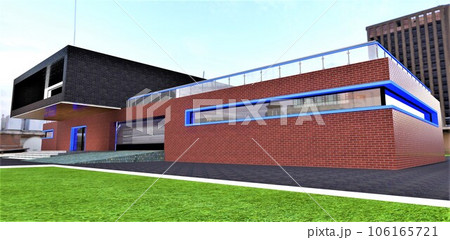 A new brick cottage in an area with old low-rise buildings. Long fenced terrace on a flat roof. 3D rendering. 106165721
