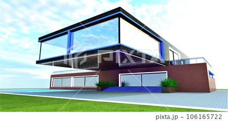 A novel architectural concept for designers. A cantilevered structure for a compact suburban cottage, featuring daytime illumination. 3D rendering. 106165722