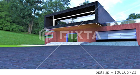 A platform paved with natural granite in front of the entrance and garage of a cozy home situated in an environmentally friendly forested region. 3D rendering. 106165723