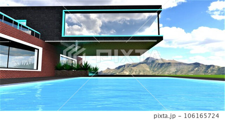 A refreshing pool in front of the entrance to an extraordinary house perched high in the mountains. Large panoramic windows on the cantilevered floor. 3D rendering. 106165724
