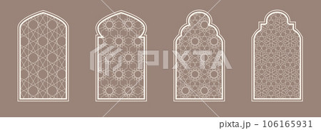 Islamic window shape with mashrabiya pattern. Arabic door frame. Islamic arhitecture elements of window and door and mashrabiya pattern. 106165931