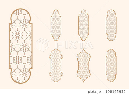 Islamic window shape with mashrabiya pattern. Arabic door frame. Islamic arhitecture elements of window and door and mashrabiya pattern. 106165932