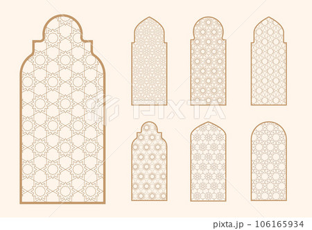Islamic window shape with mashrabiya pattern. Arabic door frame. Islamic arhitecture elements of window and door and mashrabiya pattern. 106165934