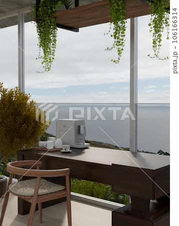 A wooden table with a coffee maker machine and a mug tray against the window 106166314