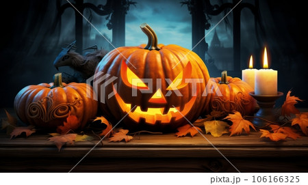 Candles in the dark Halloween spooky pumpkin head illumination at night. Generative AI 106166325