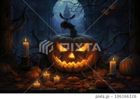 Scary pumpkin head spooky candles on Halloween nighttime. Generative AI 106166326