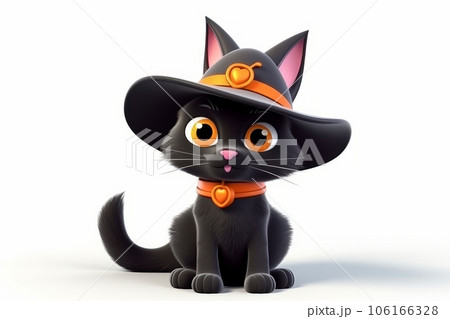 3d cartoon character cat in witch hat on white background. Generative AI 106166328
